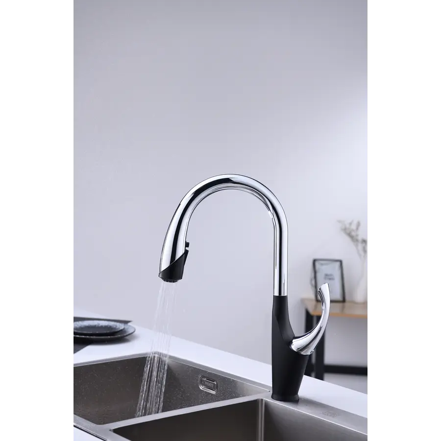 Чорний кухонний змішувач з висувним виливом "Лебідь" Nett SWB-435