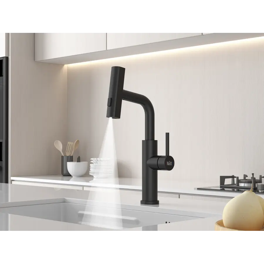 Змішувач на кухню водоспад з висувною лійкою чорний Nett LB-35