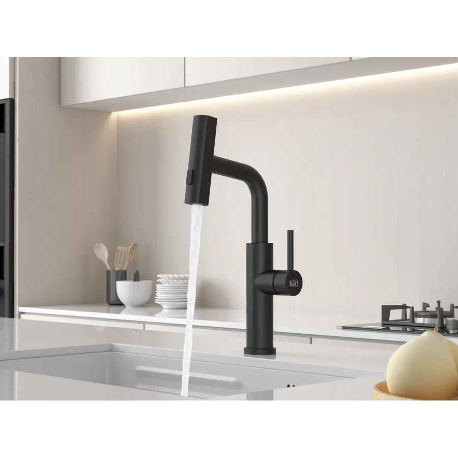 Змішувач на кухню водоспад з висувною лійкою чорний Nett LB-35