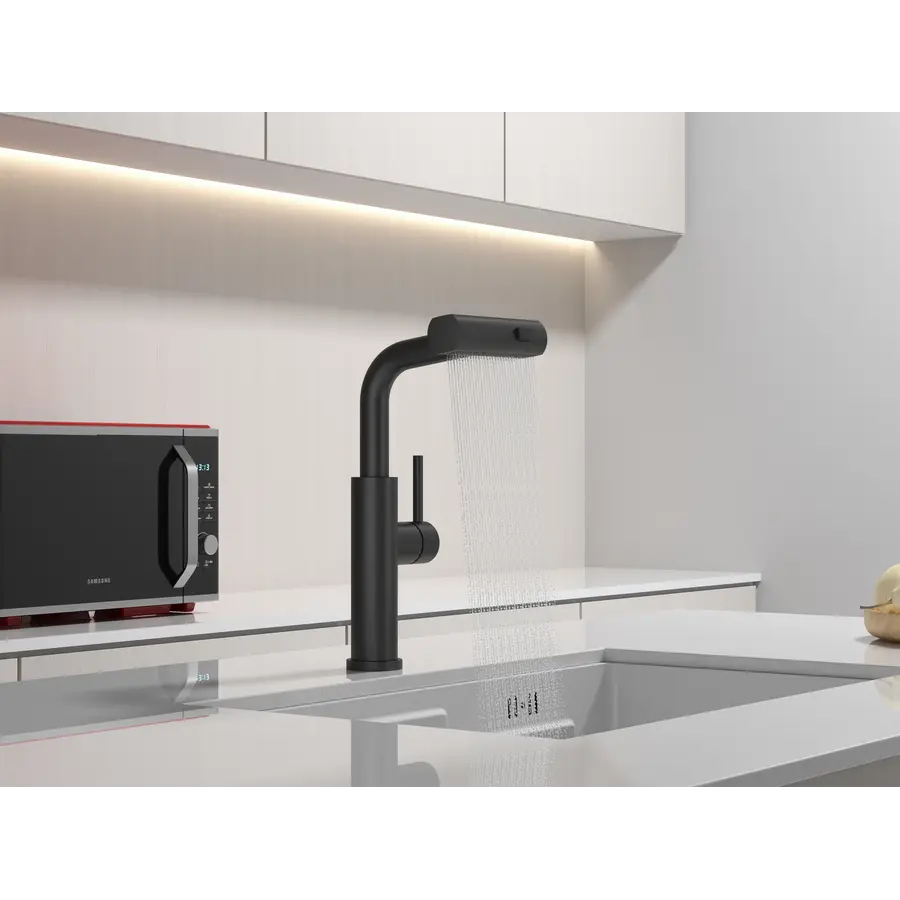 Змішувач на кухню водоспад з висувною лійкою чорний Nett LB-35
