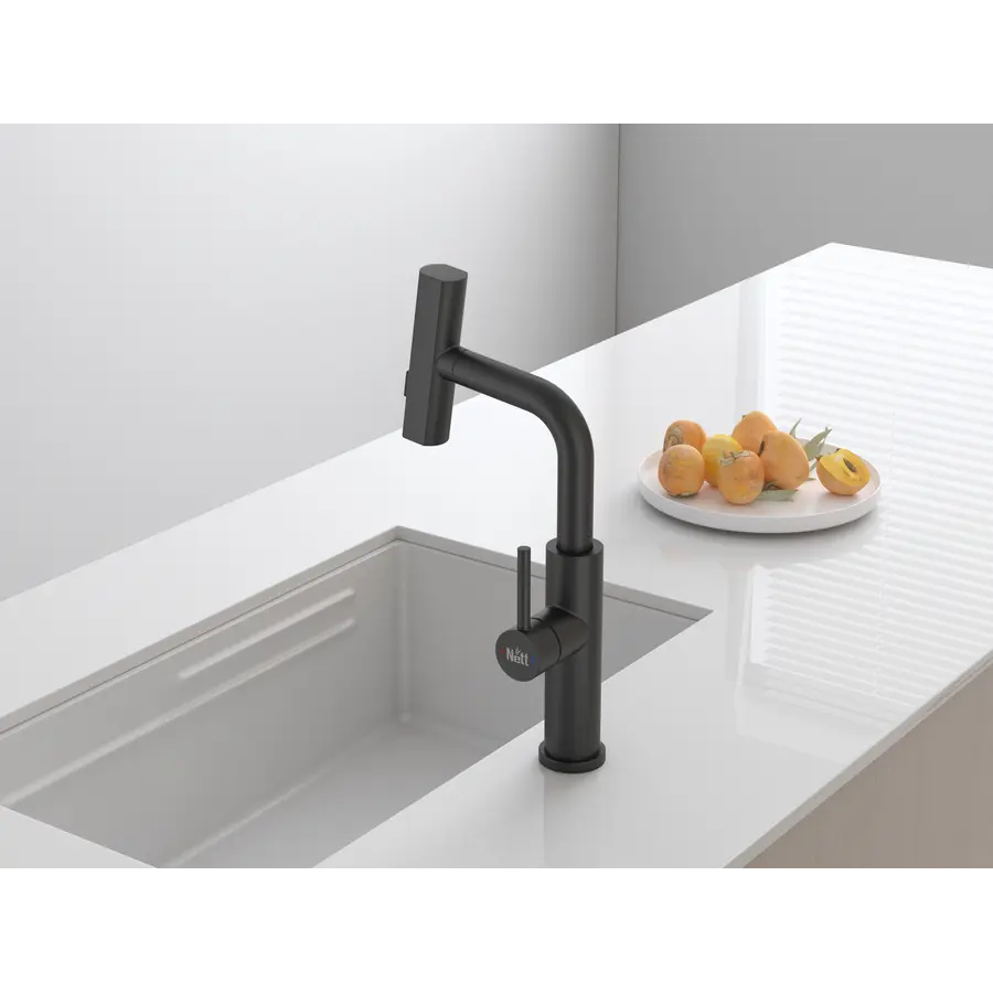 Змішувач на кухню водоспад з висувною лійкою чорний Nett LB-35