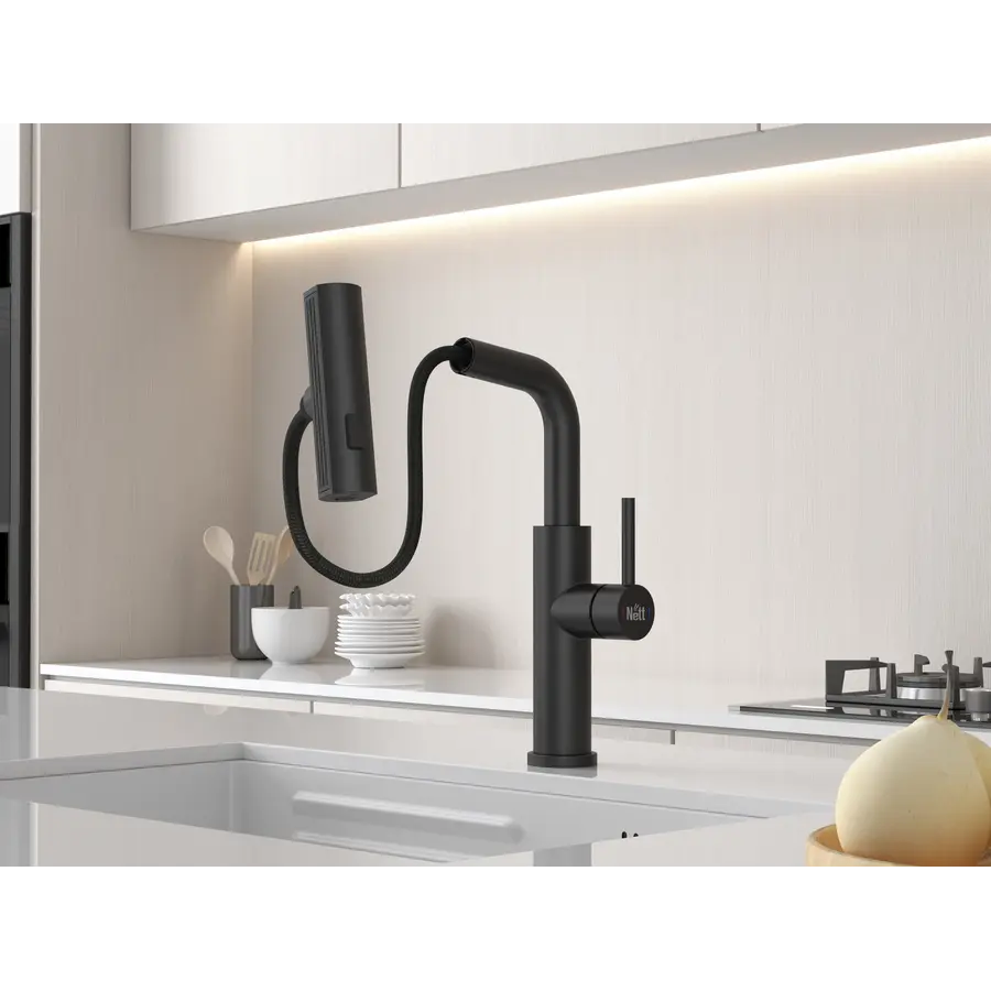Змішувач на кухню водоспад з висувною лійкою чорний Nett LB-35