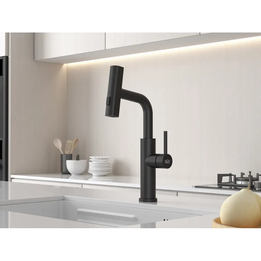 Змішувач на кухню водоспад з висувною лійкою чорний Nett LB-35