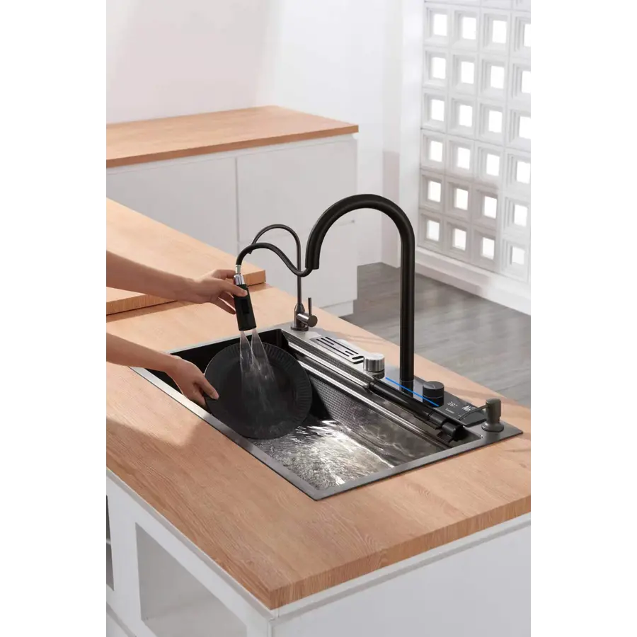Кухонний змішувач чорний з водопадом/висувною лійкою нержавіючий Nett OB-38