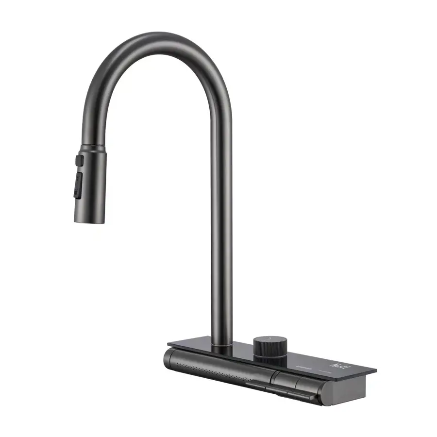 Кухонний змішувач графітовий з водопадом/висувною лійкою нержавіючий Nett OG-38