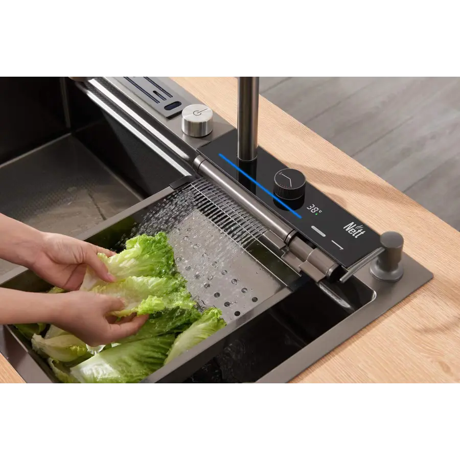 Кухонний змішувач графітовий з водопадом/висувною лійкою нержавіючий Nett OG-38