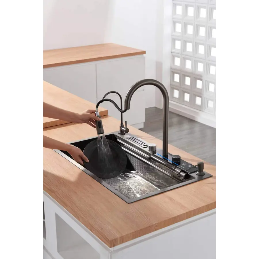 Кухонний змішувач графітовий з водопадом/висувною лійкою нержавіючий Nett OG-38