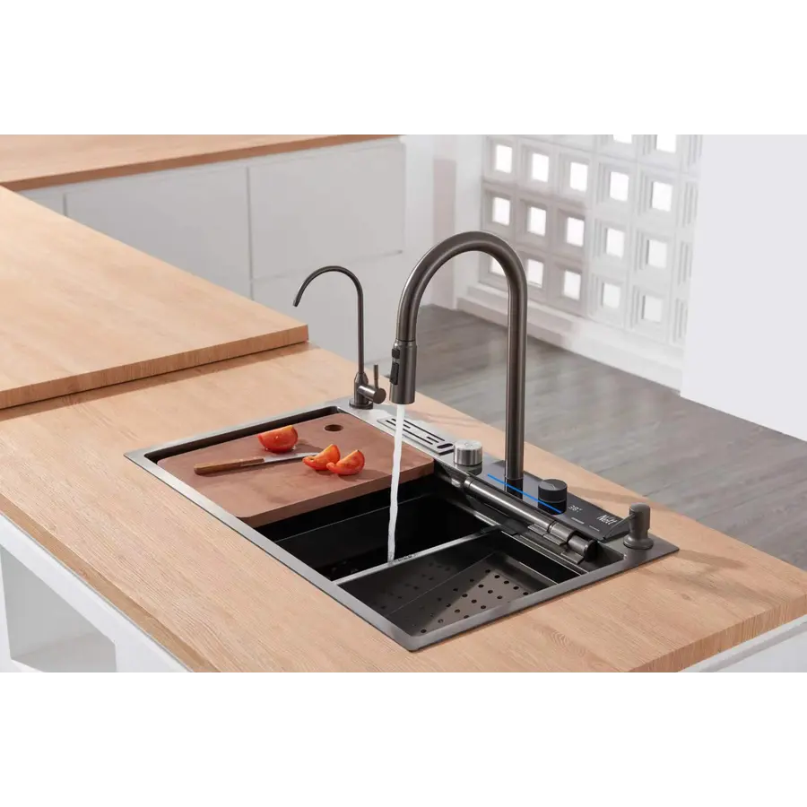 Кухонний змішувач графітовий з водопадом/висувною лійкою нержавіючий Nett OG-38