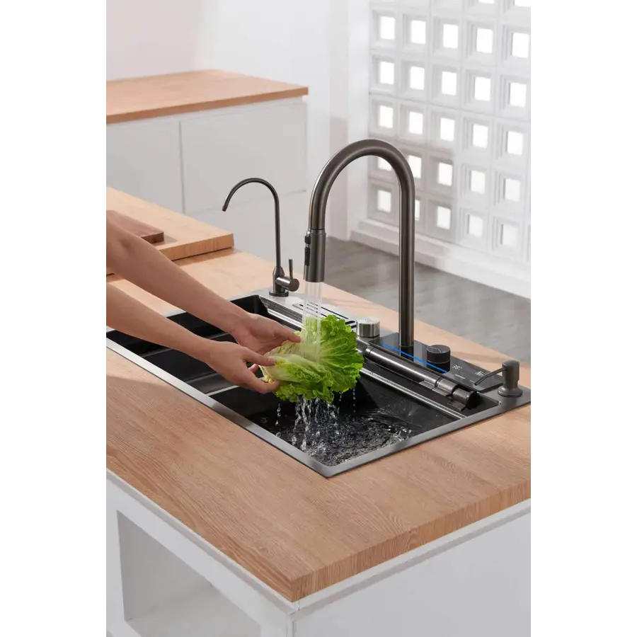 Кухонний змішувач графітовий з водопадом/висувною лійкою нержавіючий Nett OG-38