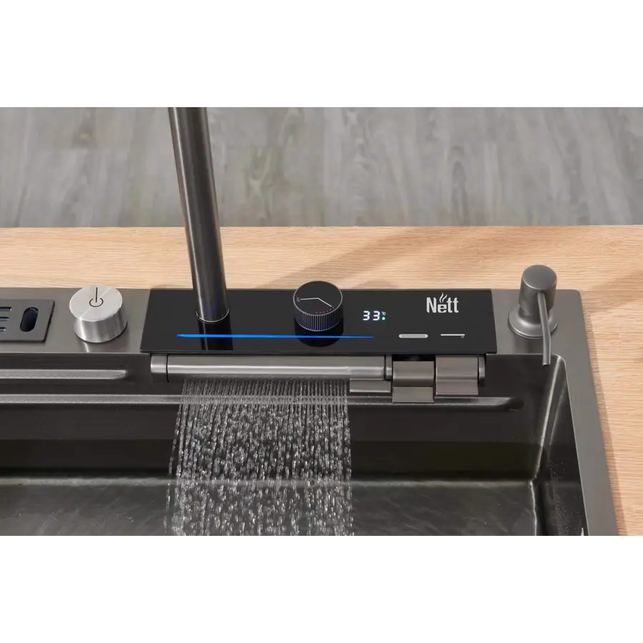 Кухонний змішувач графітовий з водопадом/висувною лійкою нержавіючий Nett OG-38