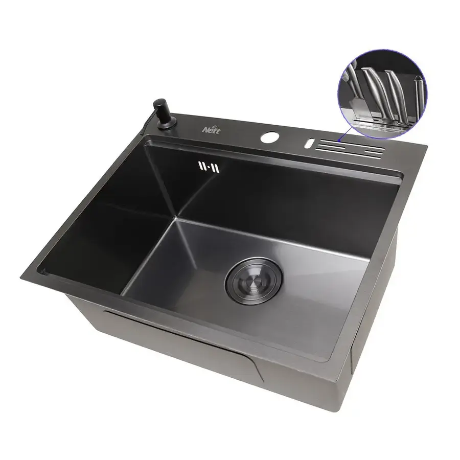 Кухонна мийка чорна з нержавійки 1.5 мм накладна багатофункціональна Nett NB-5747