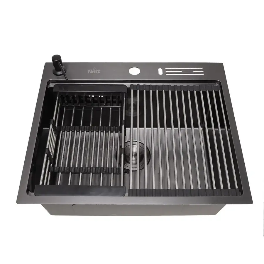 Кухонна мийка чорна з нержавійки 1.5 мм накладна багатофункціональна Nett NB-5747