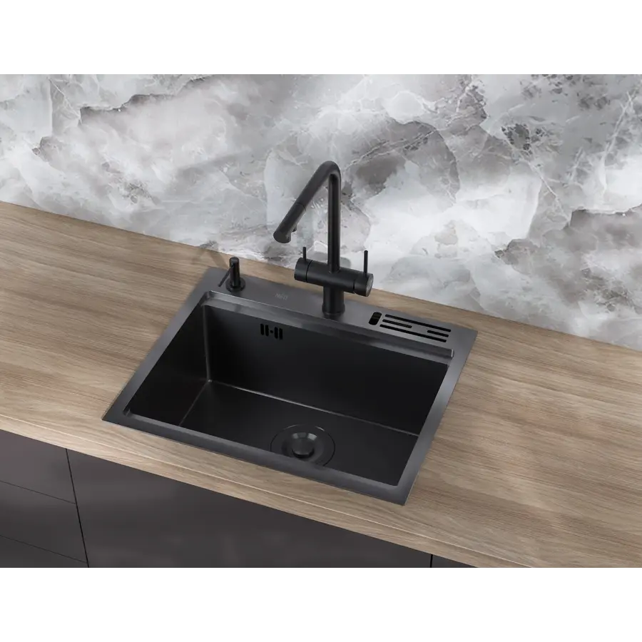 Кухонна мийка чорна з нержавійки 1.5 мм накладна багатофункціональна Nett NB-5747