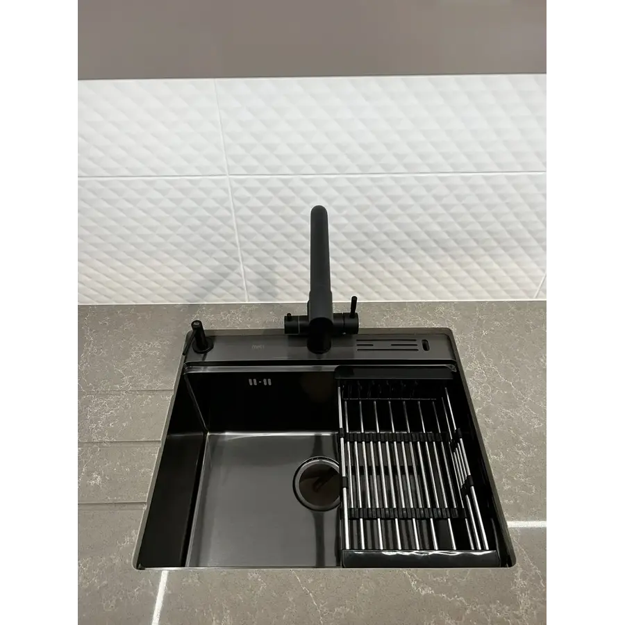 Кухонна мийка чорна з нержавійки 1.5 мм накладна багатофункціональна Nett NB-5747