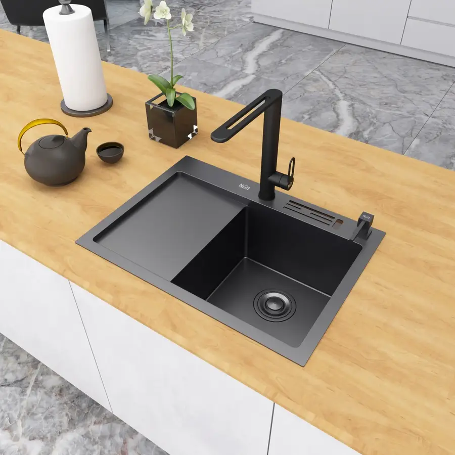 Чорна кухонна мийка накладна з лівим крилом 1.5 мм Nett NB-6045(L)