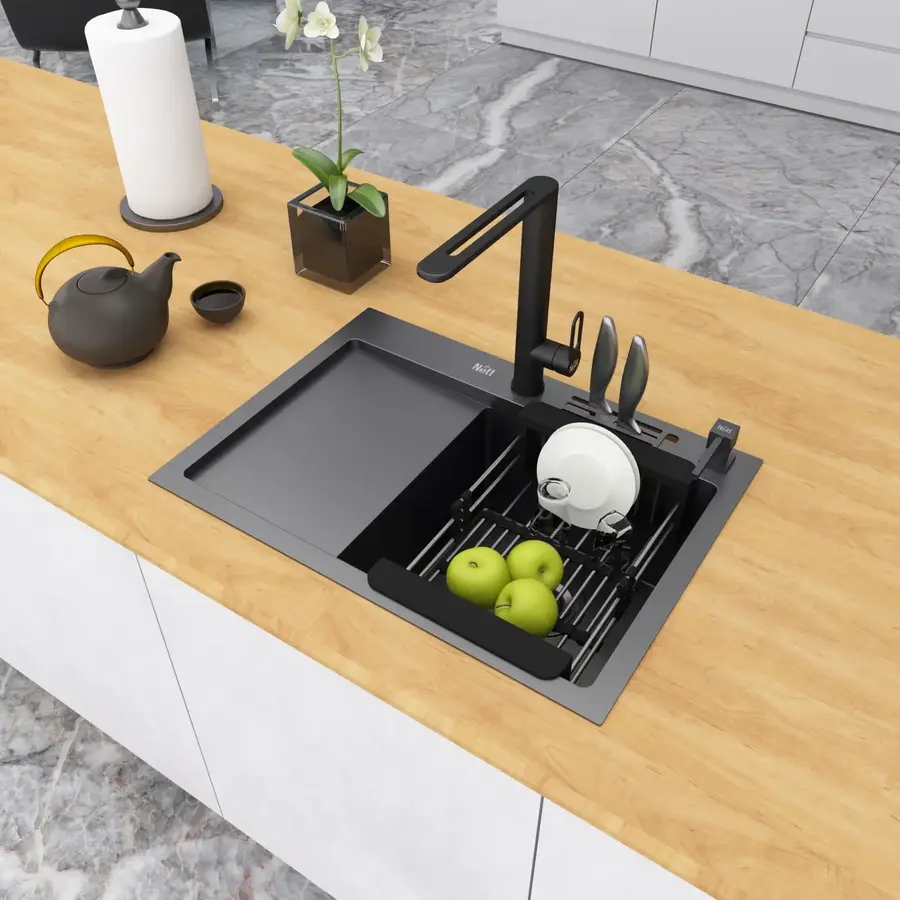 Чорна кухонна мийка накладна з лівим крилом 1.5 мм Nett NB-6045(L)