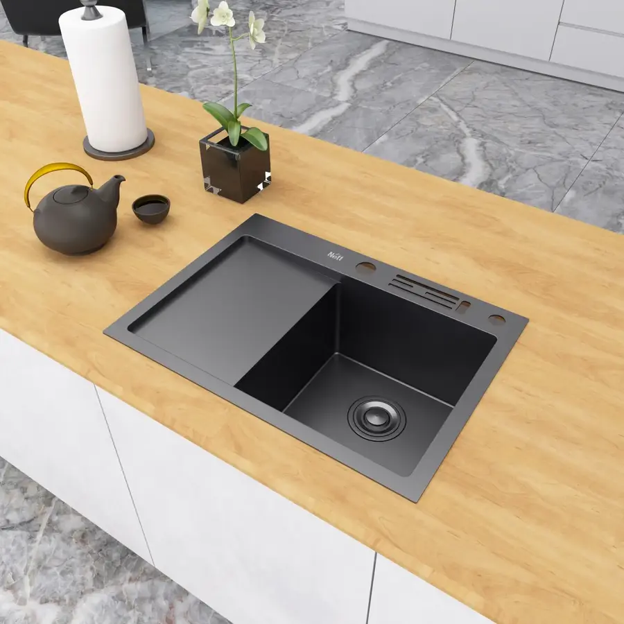 Чорна кухонна мийка накладна з лівим крилом 1.5 мм Nett NB-6045(L)