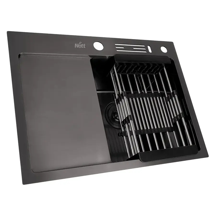 Чорна кухонна мийка накладна з лівим крилом 1.5 мм Nett NB-6045(L)