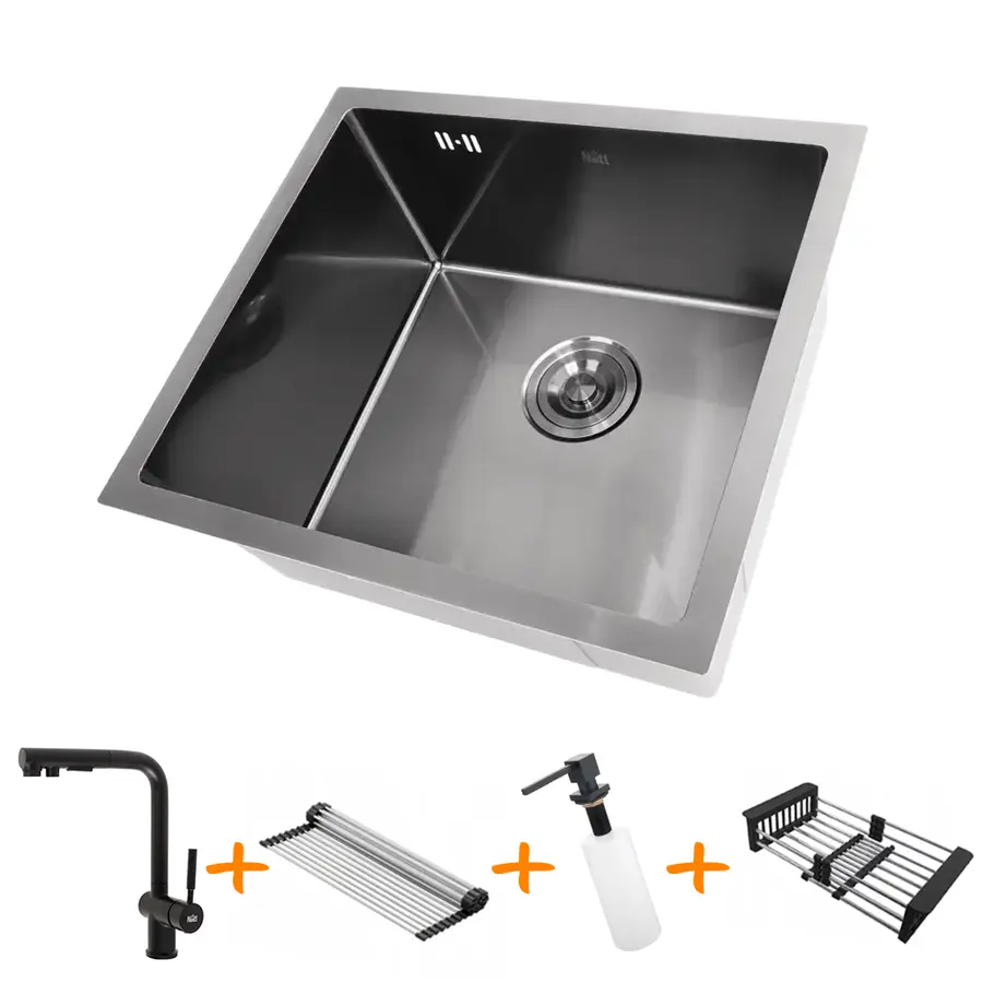 Комплект чорної мийки на кухню та змішувача з нержавіючої сталі NB-5045