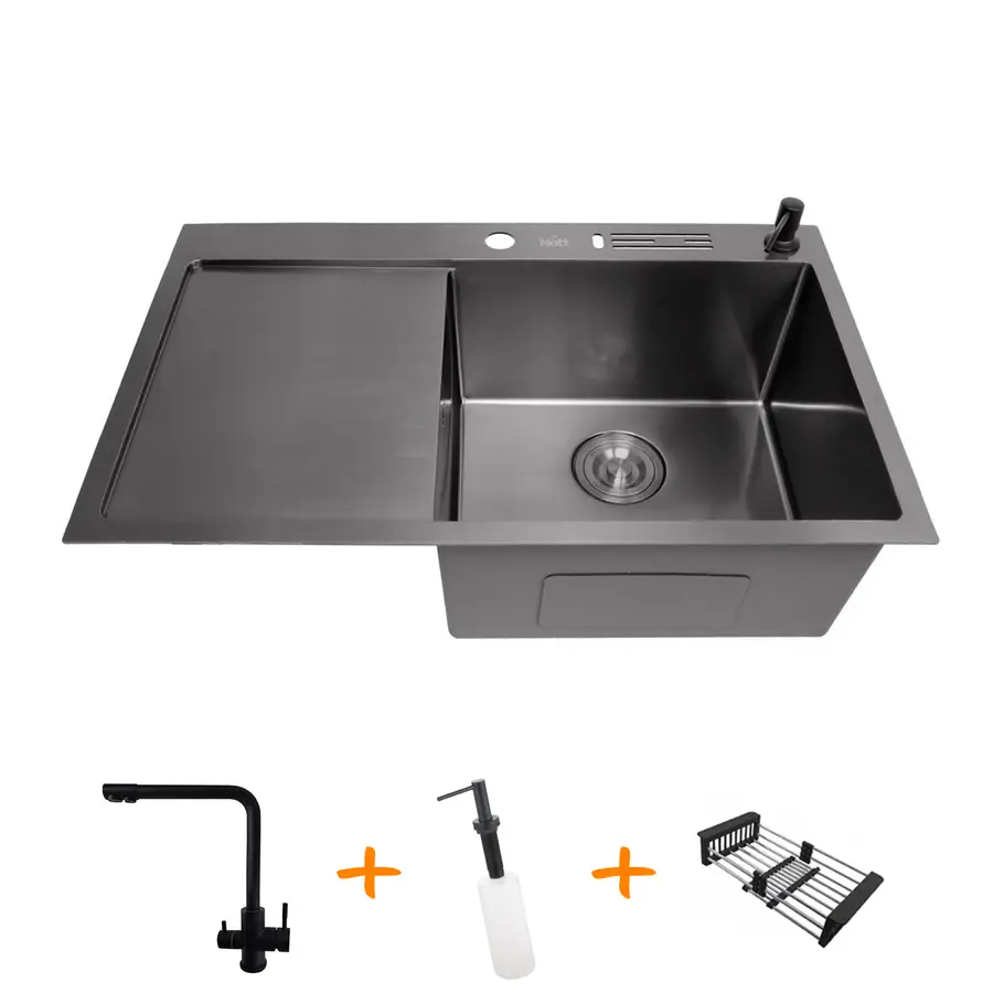 Комплект чорної кухонної мийки та змішувача з нержавіючої сталі NB-7848