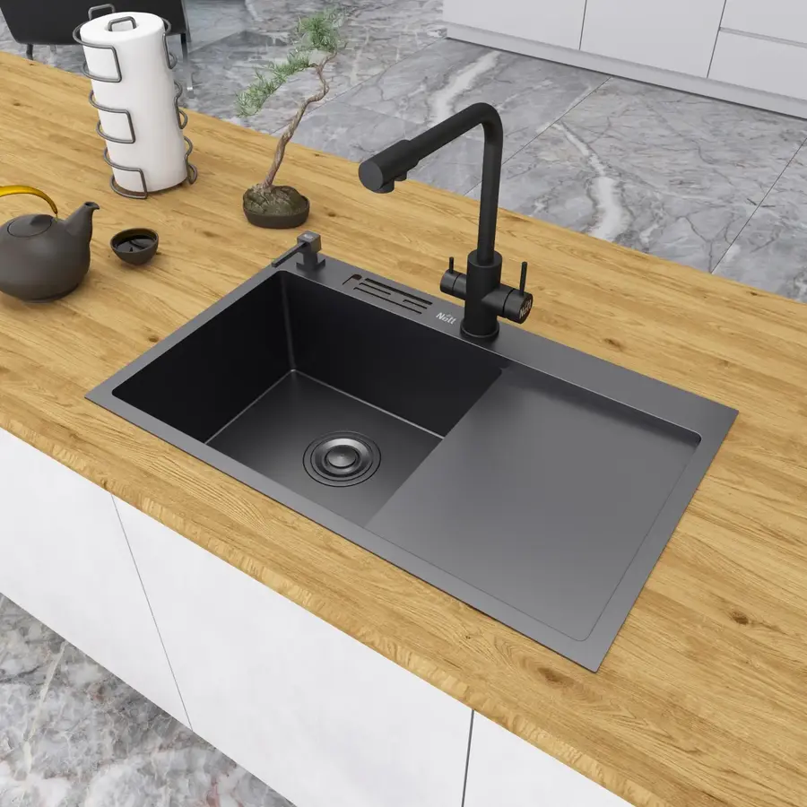 Чорна кухонна мийка з правим крилом нержавійка 1.5 мм Nett NB-7848(R)