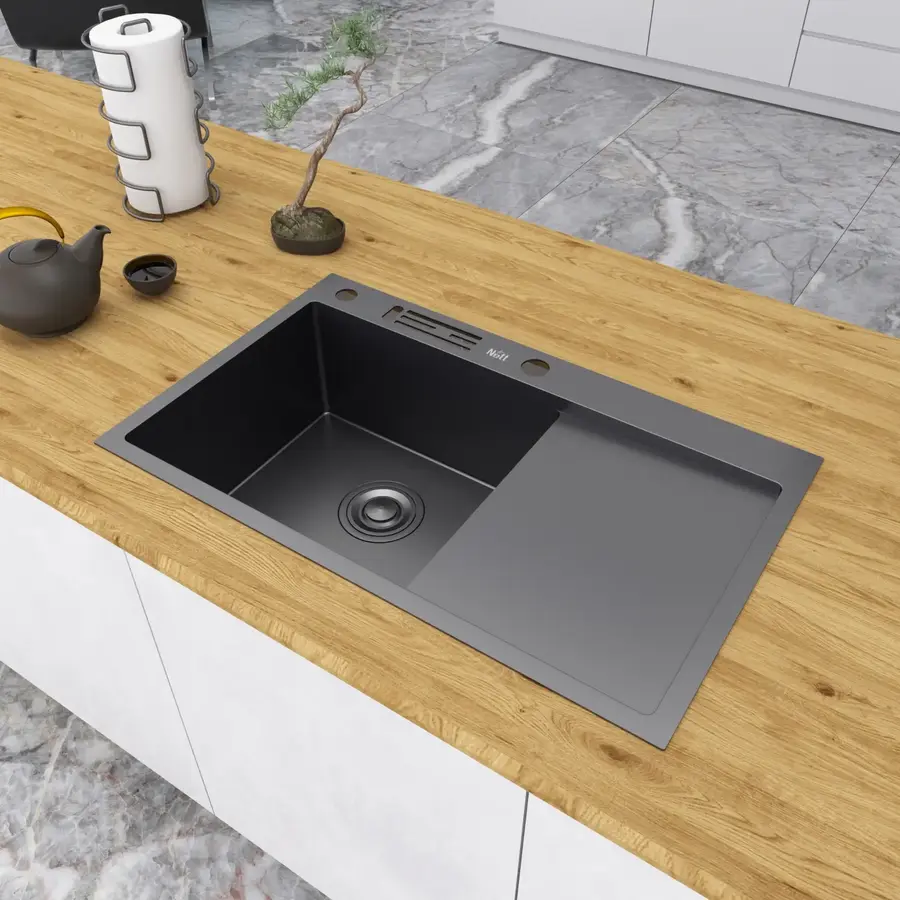 Чорна кухонна мийка з правим крилом нержавійка 1.5 мм Nett NB-7848(R)