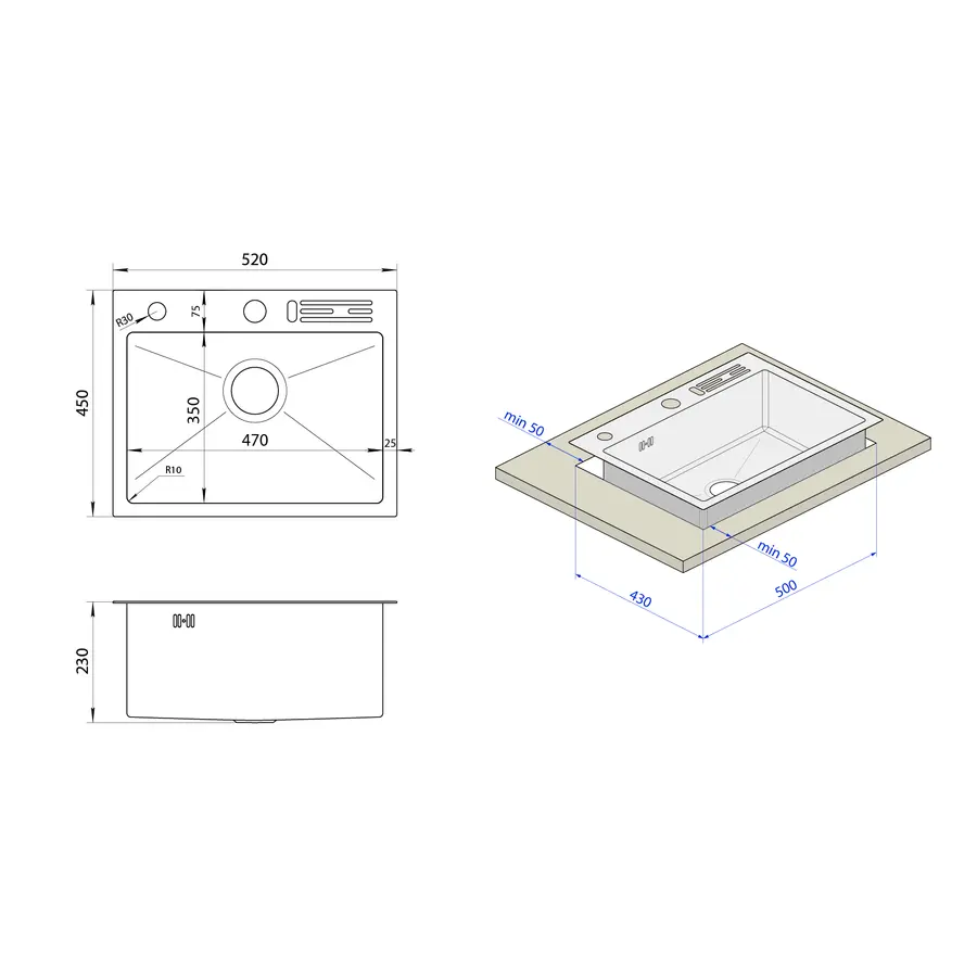 Накладна мийка для кухні з нержавійки 45 см Nett NS-5245 Накладна мийка для кухні з нержавійки 45 см Nett NS-5245