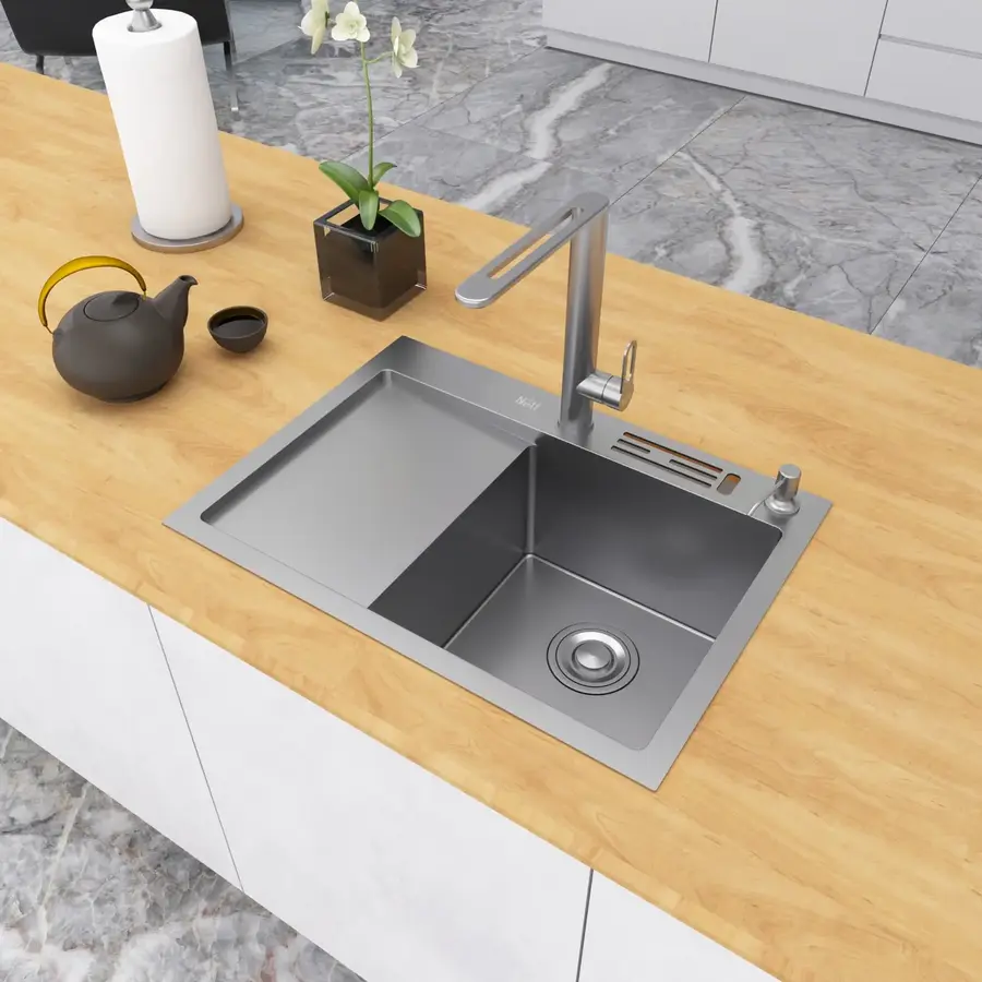 Накладна мийка на кухню нержавіюча з лівим крилом 1.5 мм Nett NS-6045(L)