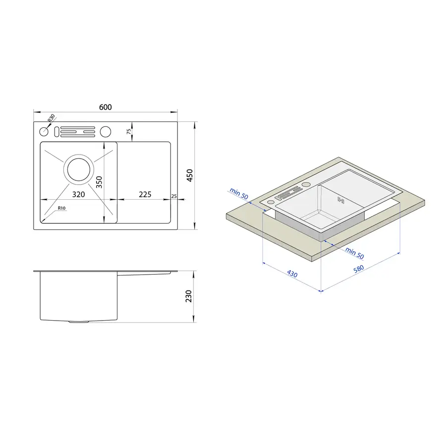 Накладна мийка на кухню нержавіюча з лівим крилом 1.5 мм Nett NS-6045(L)