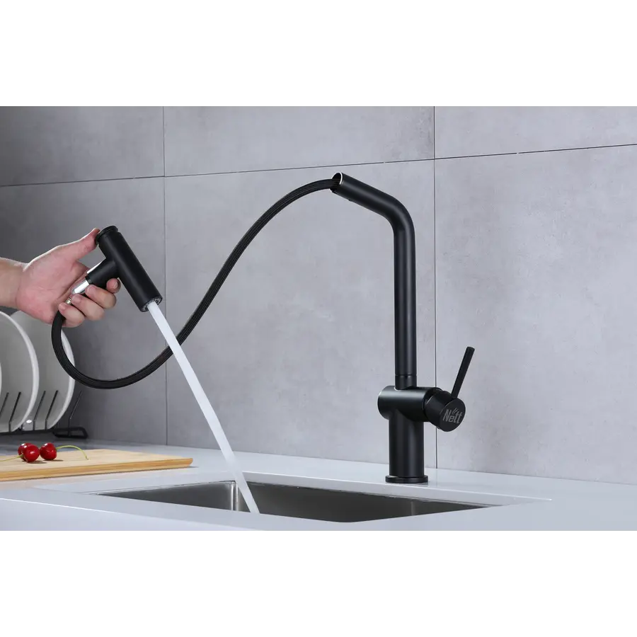 Чорний змішувач для кухні з висувним виливом Nett FBB-44