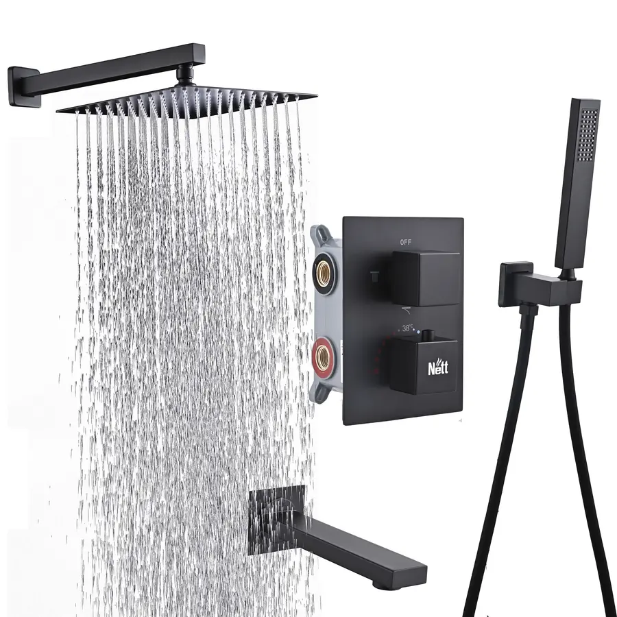 Чорна душова система з термостатом внутрішнього монтажу з виливом Nett TSB-521