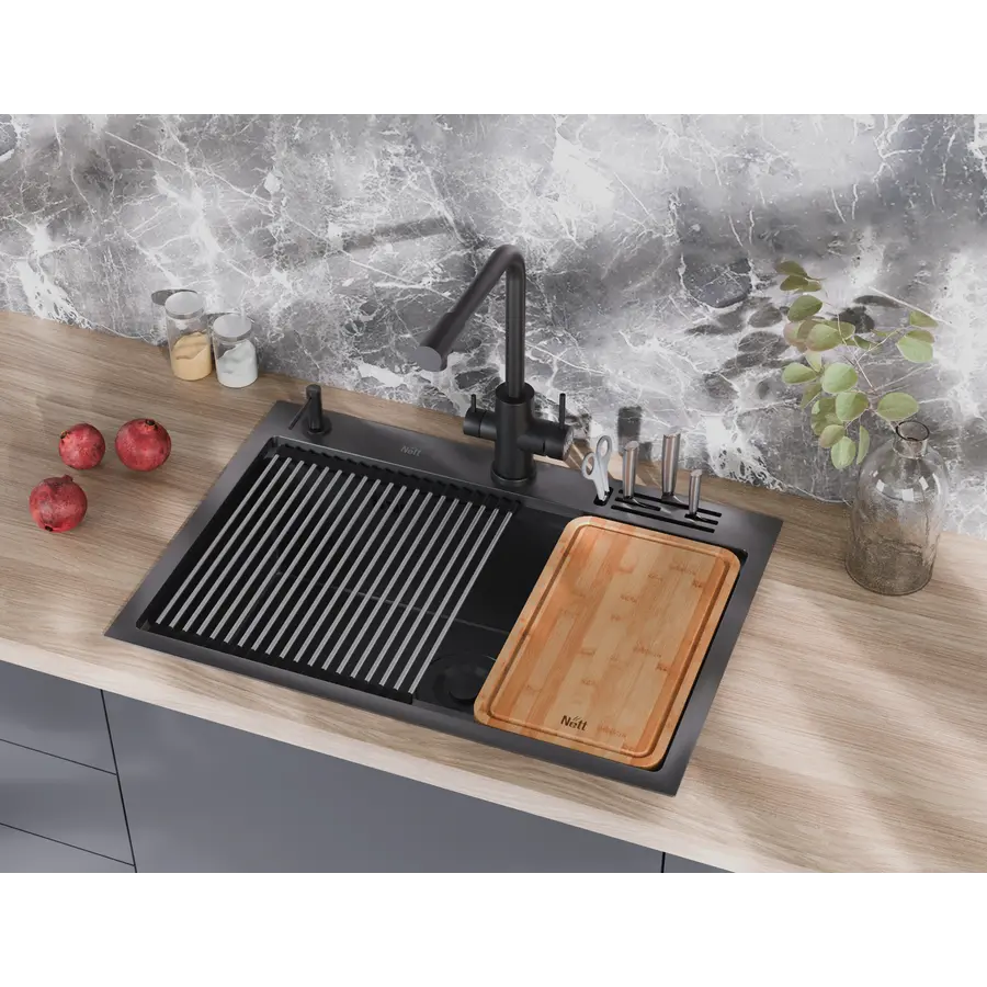 Чорна мийка для кухні з нержавійки з PVD покриттям багатофункціональна Nett NB-7048