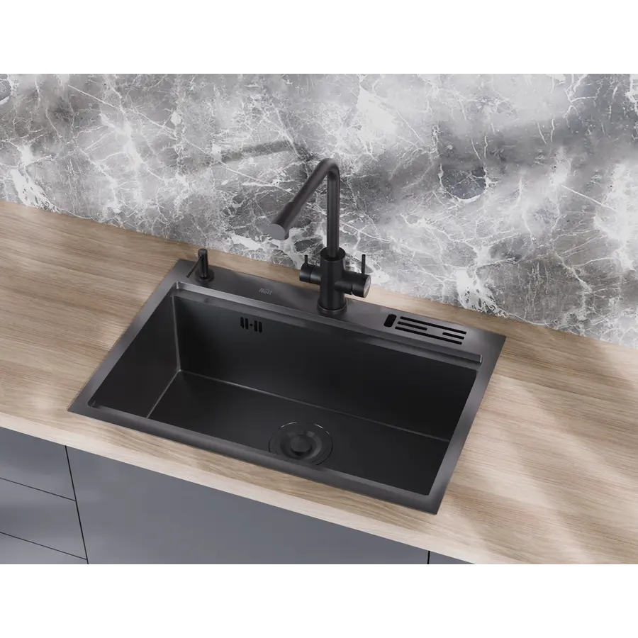 Чорна мийка для кухні з нержавійки з PVD покриттям багатофункціональна Nett NB-7048