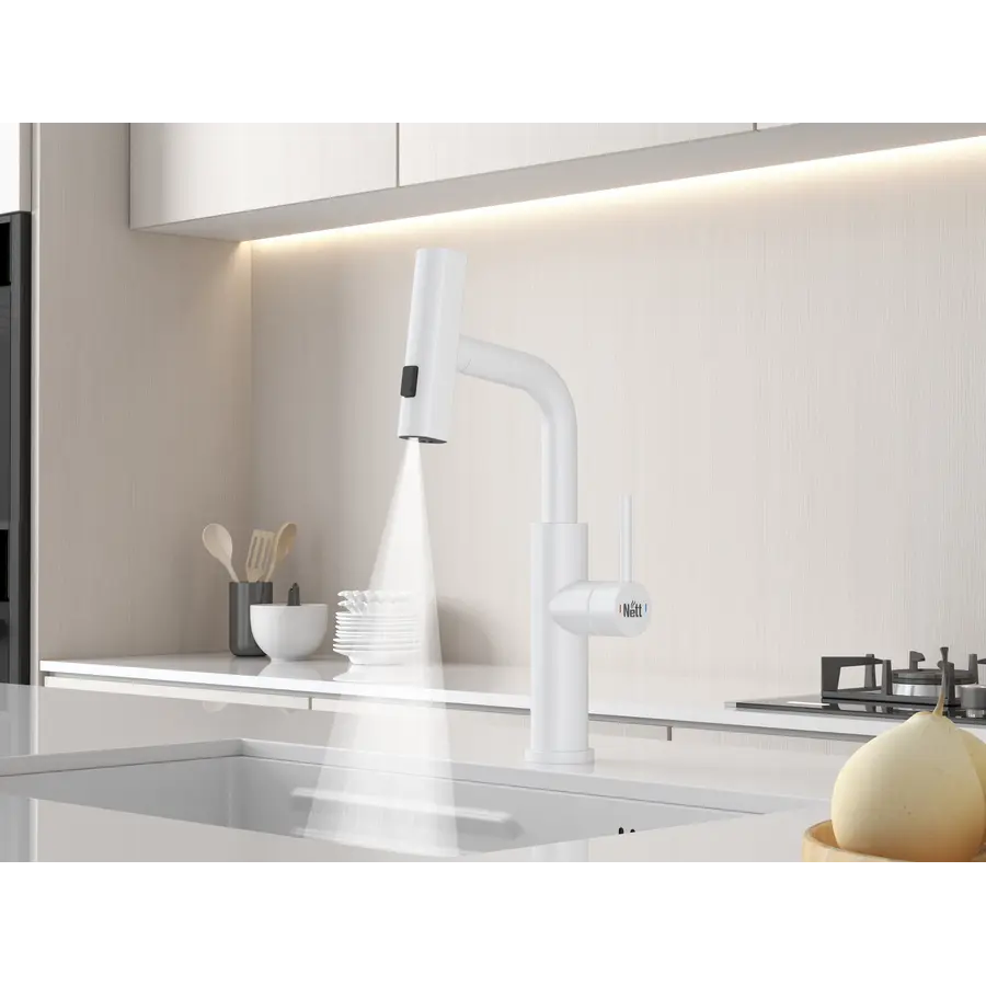 Змішувач на кухню водоспад з висувною лійкою білий Nett LW-35