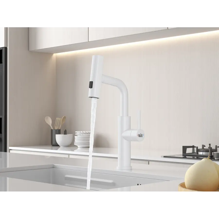 Змішувач на кухню водоспад з висувною лійкою білий Nett LW-35