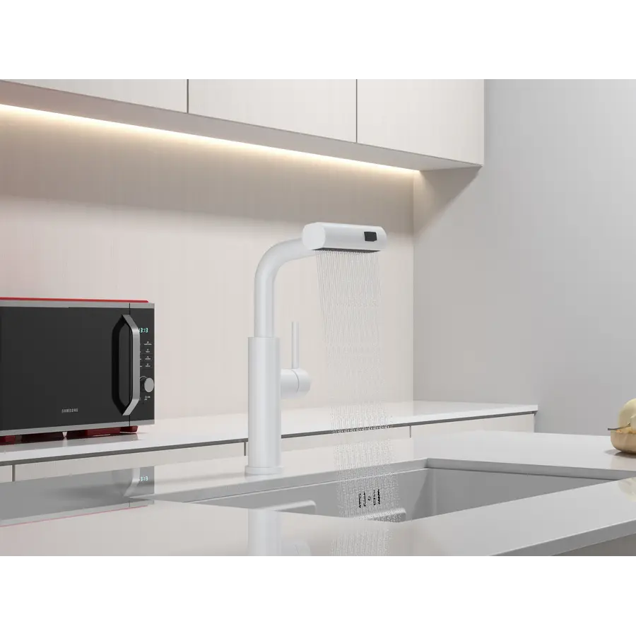 Змішувач на кухню водоспад з висувною лійкою білий Nett LW-35