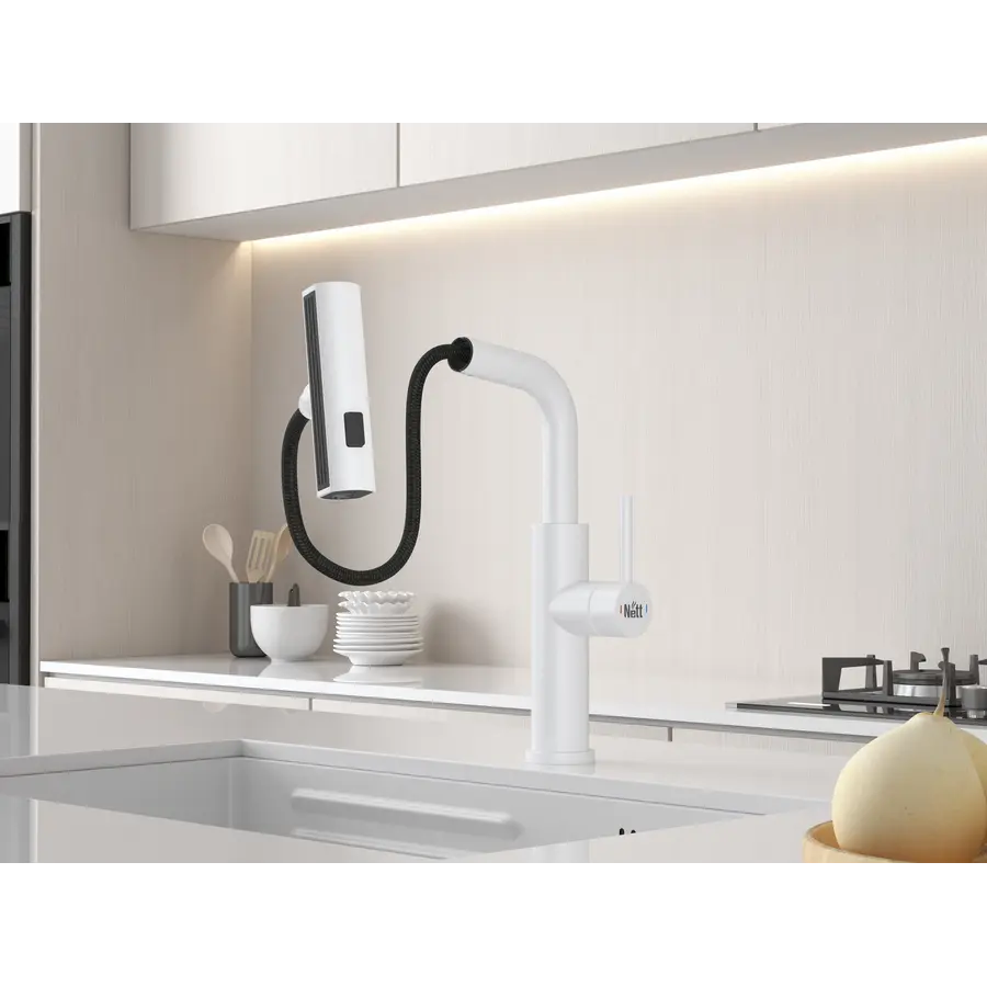 Змішувач на кухню водоспад з висувною лійкою білий Nett LW-35