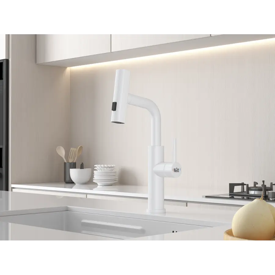 Змішувач на кухню водоспад з висувною лійкою білий Nett LW-35