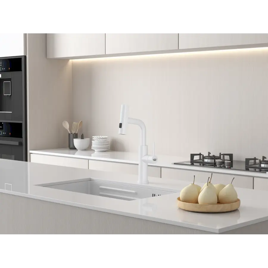 Змішувач на кухню водоспад з висувною лійкою білий Nett LW-35