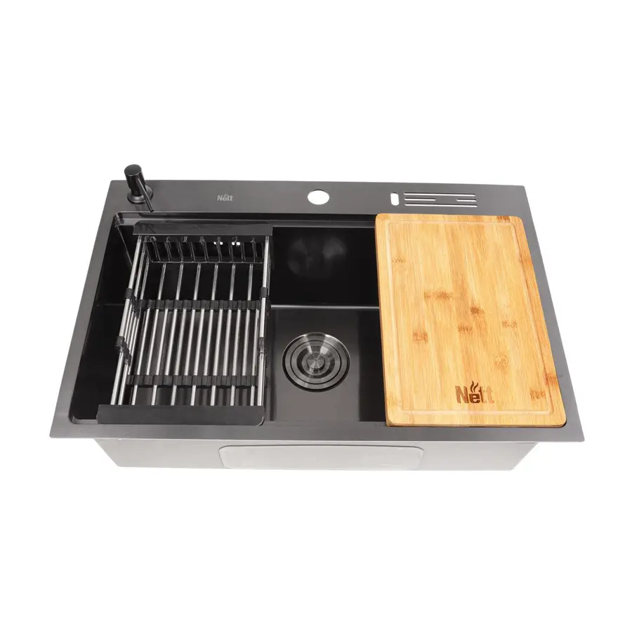 Комплект чорної мийки на кухню та змішувача з нержавіючої сталі NB-7048