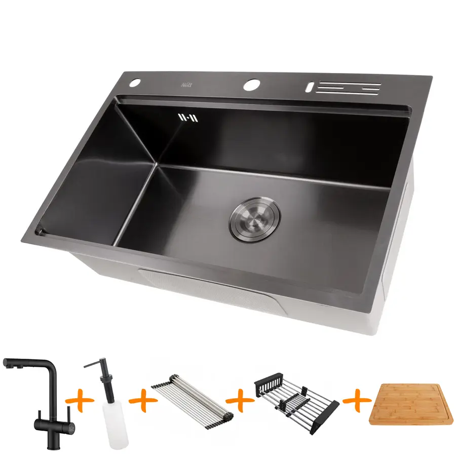Комплект чорної мийки на кухню та змішувача з нержавіючої сталі NB-7048