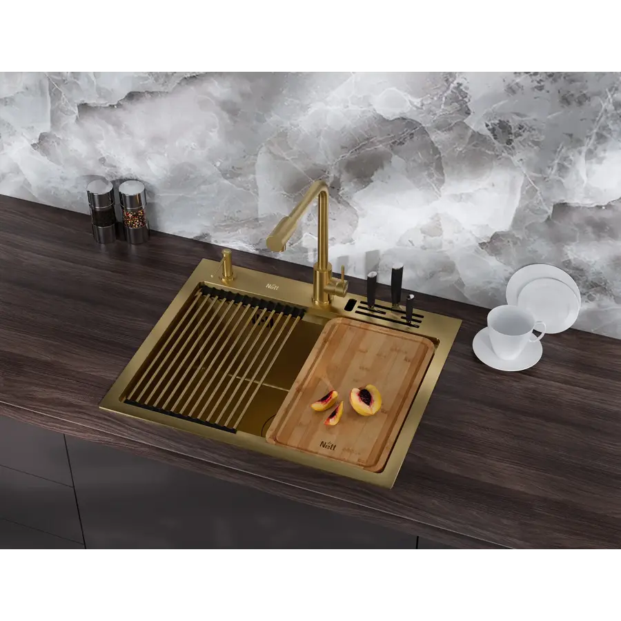 Кухонна мийка золота з нержавійки 1.5 мм багатофункціональна Nett NG-5747