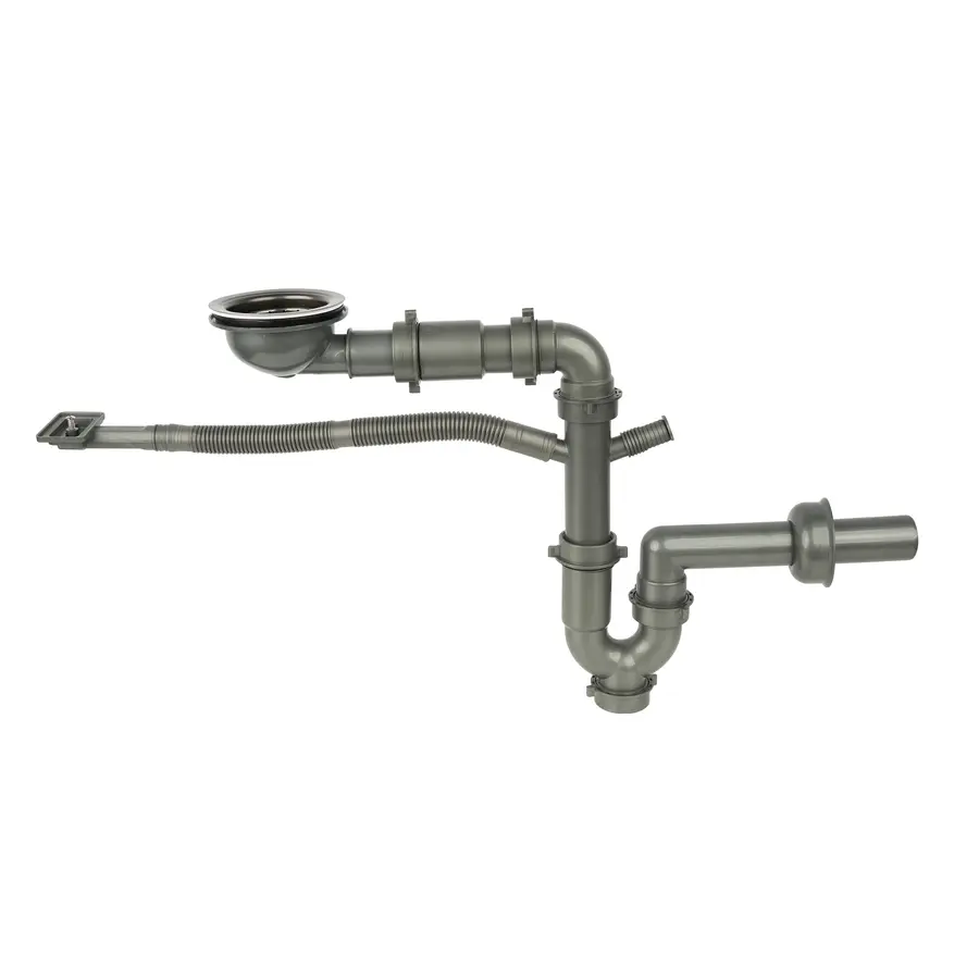 Чорний сифон для мийки на кухню з нержавійки з переливом та підключенням до посудомийки DMB-110