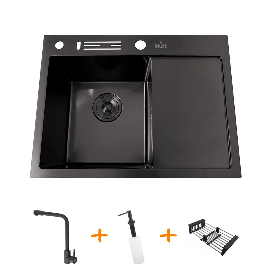 Комплект чорної кухонної мийки та змішувача з нержавіючої сталі NB-6045
