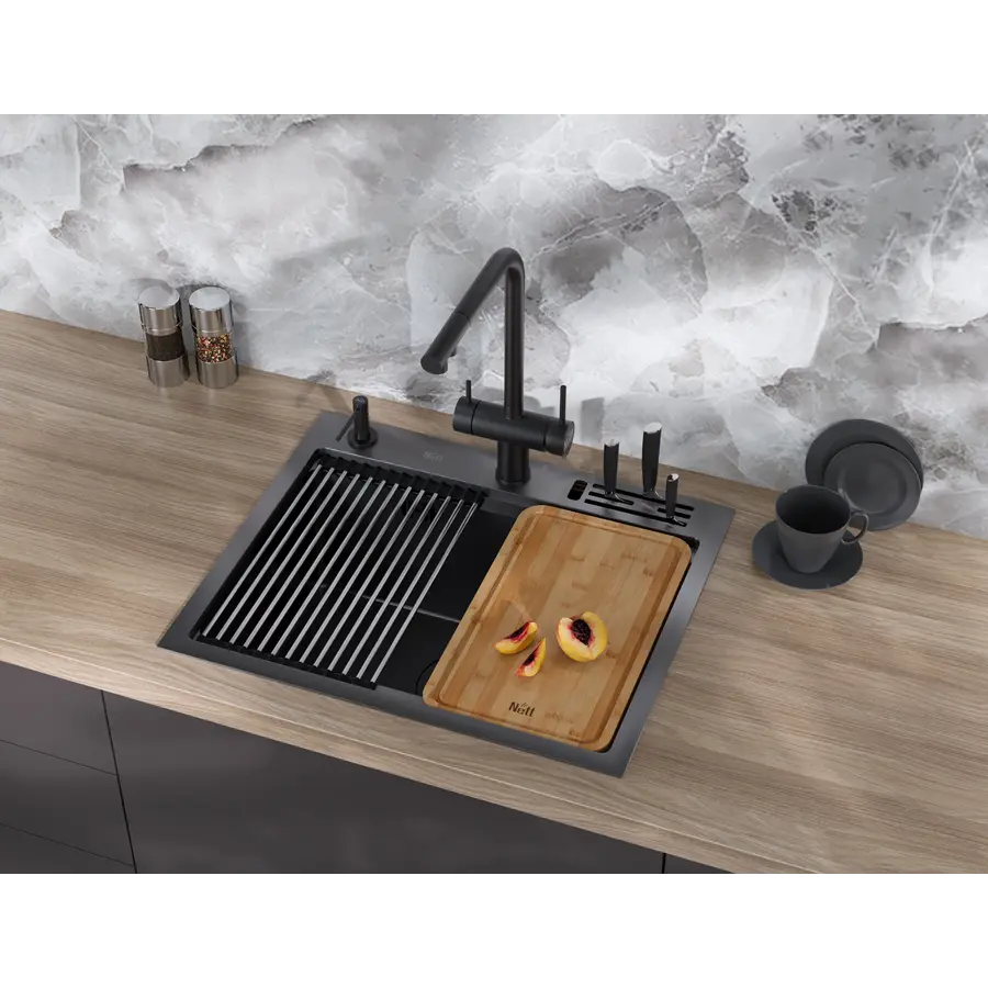 Мийка для кухні чорна з нержавійки з PVD покриттям багатофункціональна Nett NB-5747