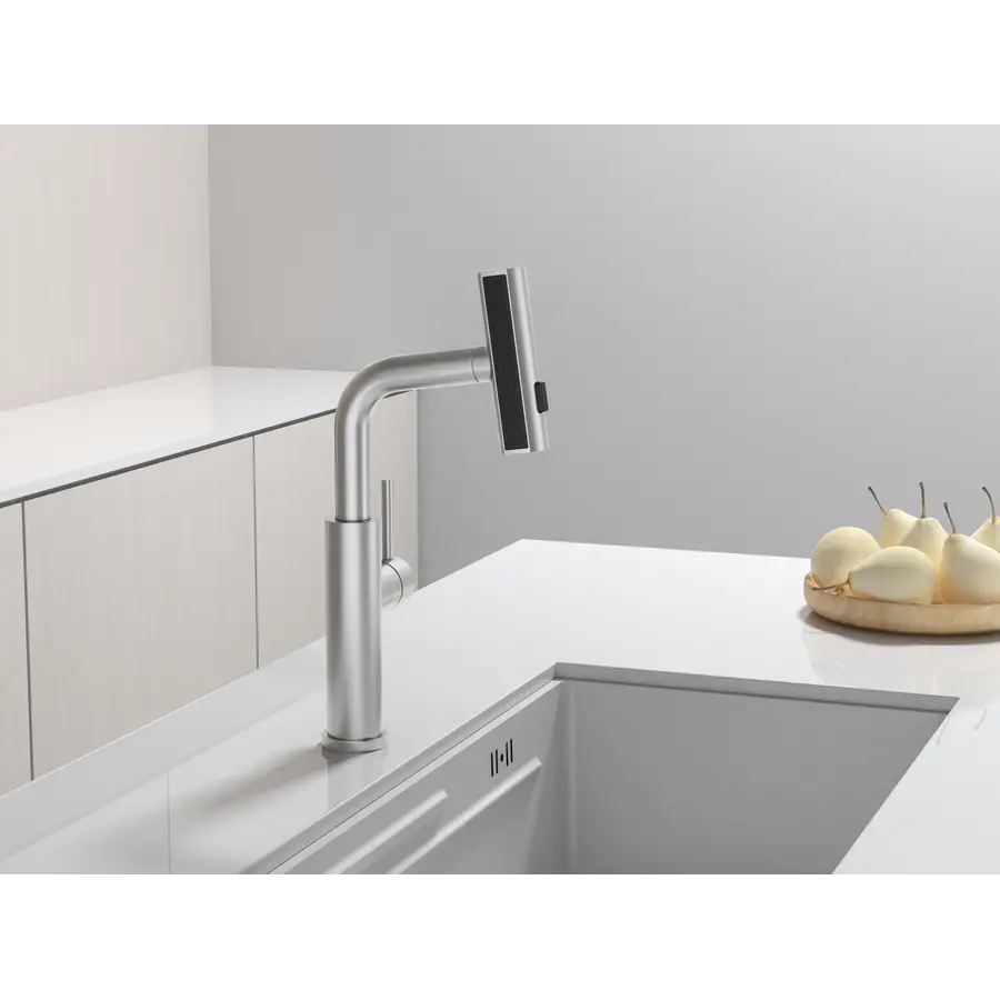 Змішувач на кухню водоспад з висувною лійкою нержавіючий Nett LS-35