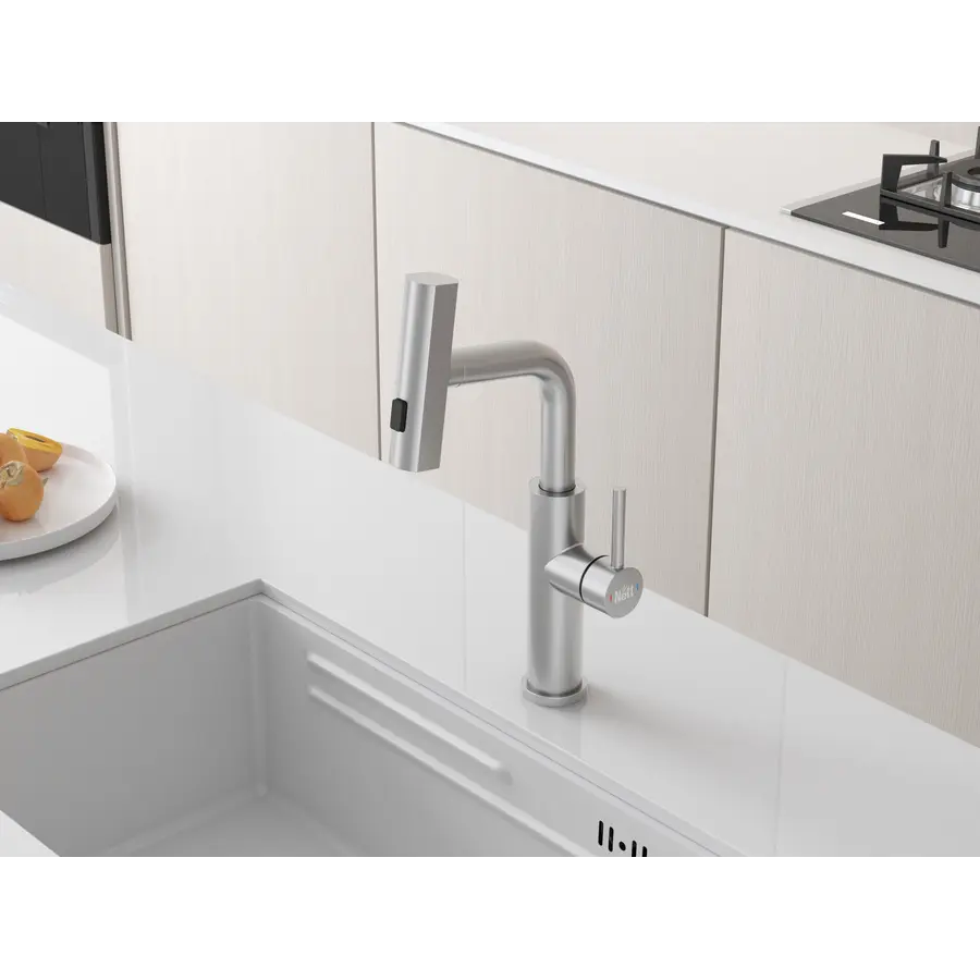 Змішувач на кухню водоспад з висувною лійкою нержавіючий Nett LS-35