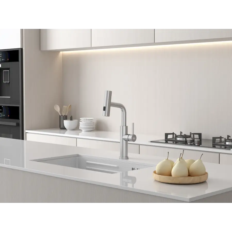 Змішувач на кухню водоспад з висувною лійкою нержавіючий Nett LS-35