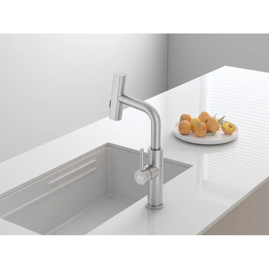 Змішувач на кухню водоспад з висувною лійкою нержавіючий Nett LS-35