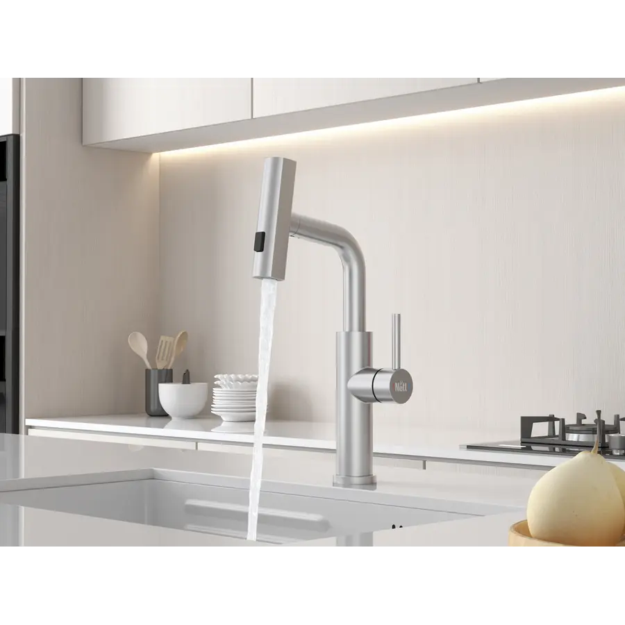 Змішувач на кухню водоспад з висувною лійкою нержавіючий Nett LS-35